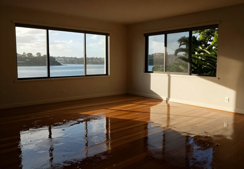 Flooded living room in a Panania home with water covering the floor